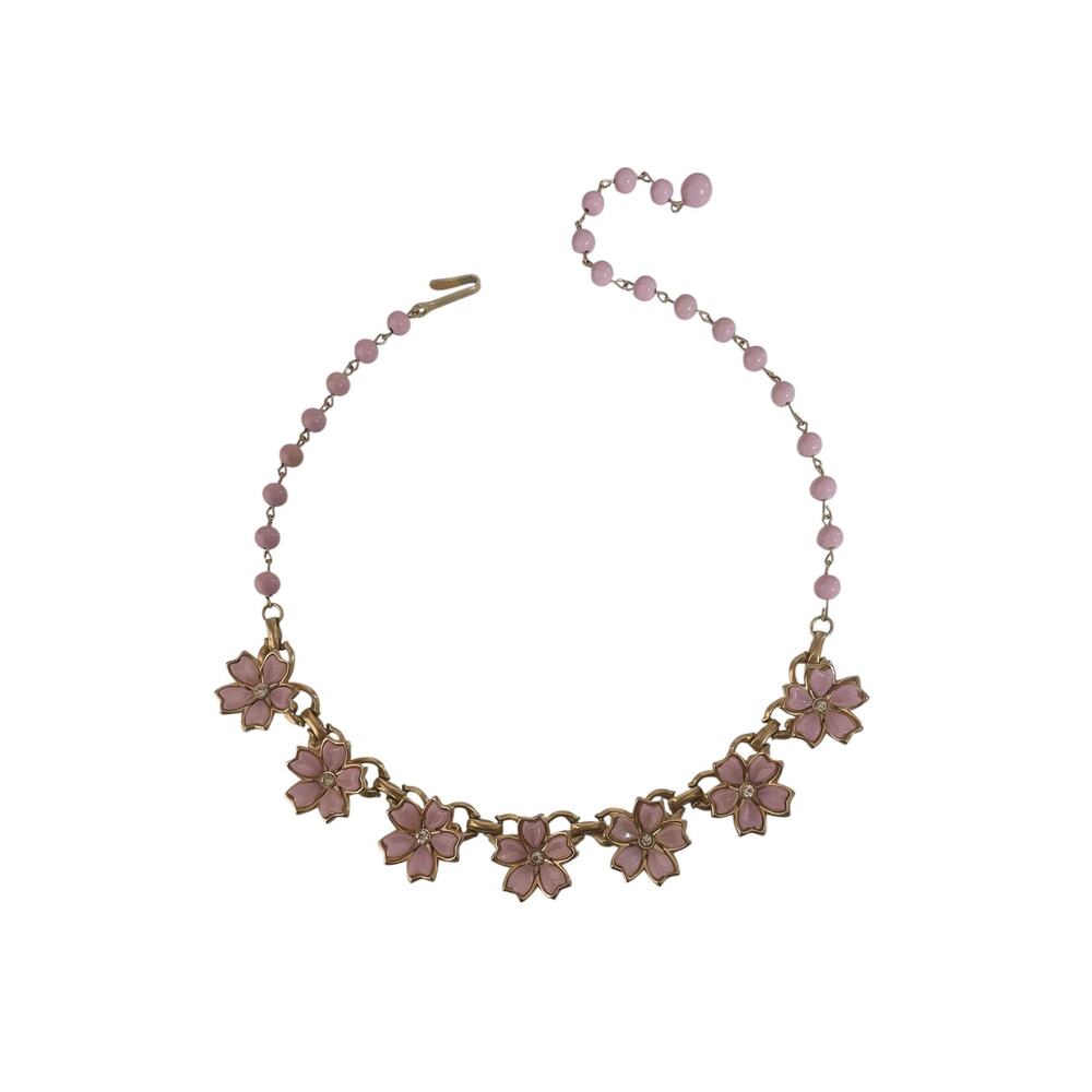 1960s Lavender Thermoset White Rhinestones Flower Adjustable Choker Necklace - Picture 2 of 6